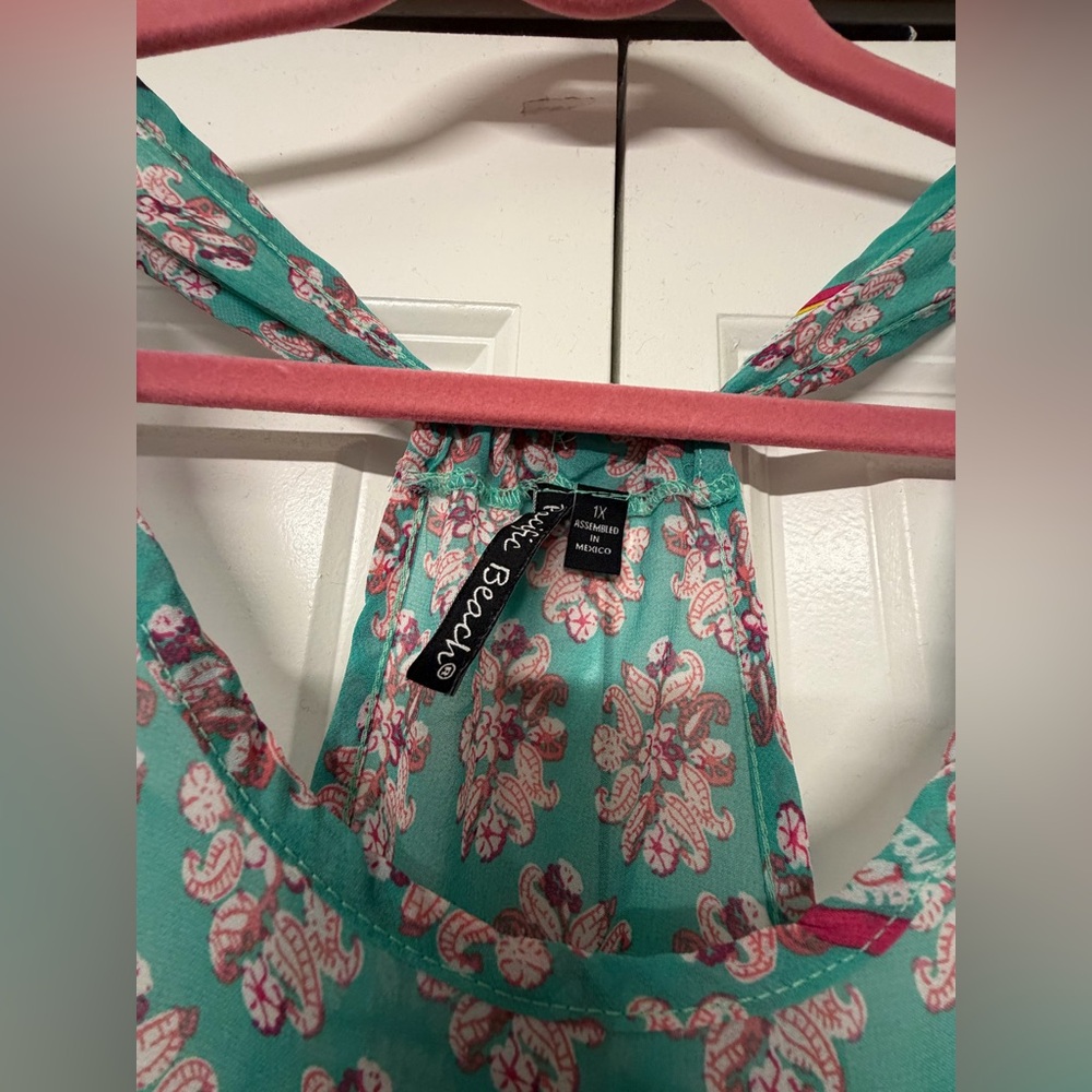 Floral Teal Sleeveless Sheer Beach Coverup - Picture 2 of 3